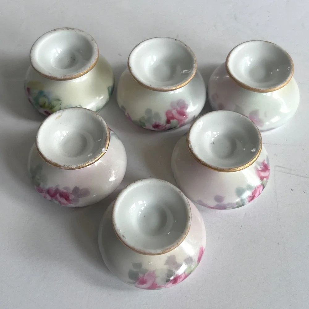 Vintage Hand Painted Porcelain Salt Cellars Set of 6 Pink Rose Gold Footed Bowls